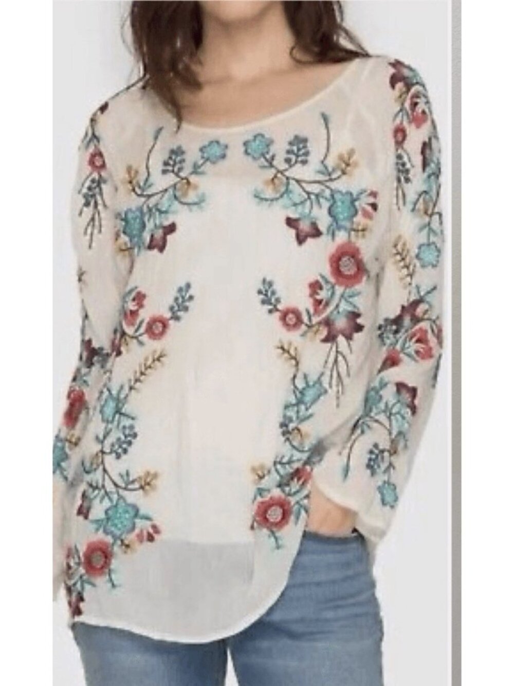 Johnny Was Kikimu Embroidered Blouse Boho Tunic Crinkled Pullover Women's Sz XS
